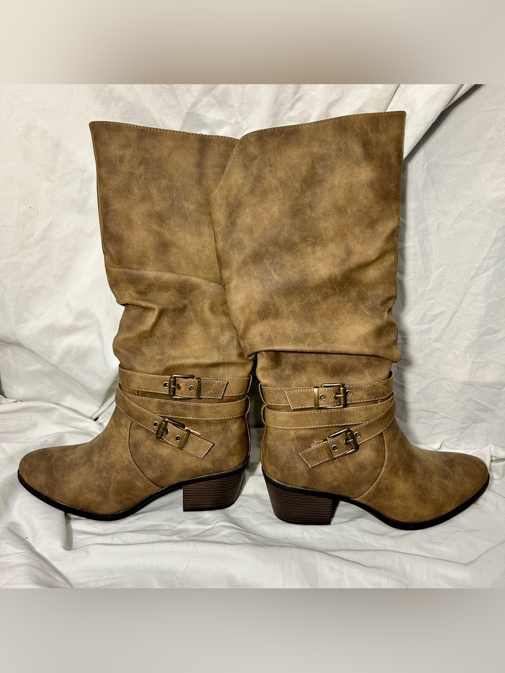Global Win Slouchy Taupe Knee High Buckle Boots - Size 10
